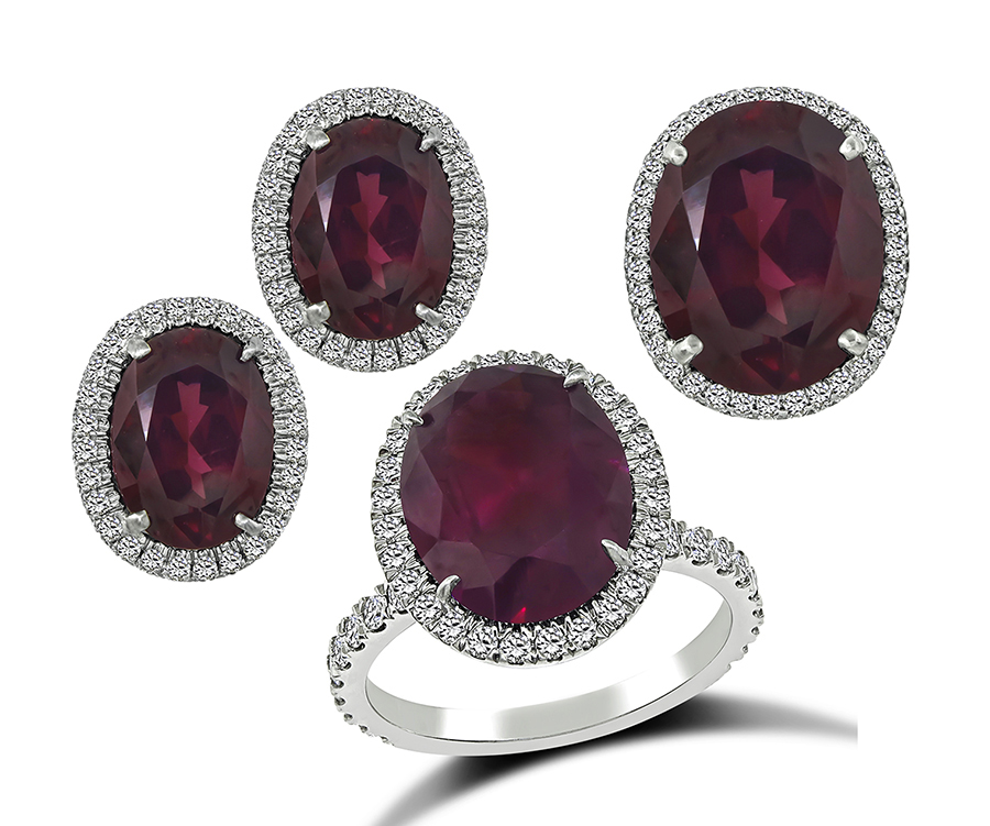 Estate 15.00ct Garnet 4.50ct Diamond Ring Earrings and Pendant Set