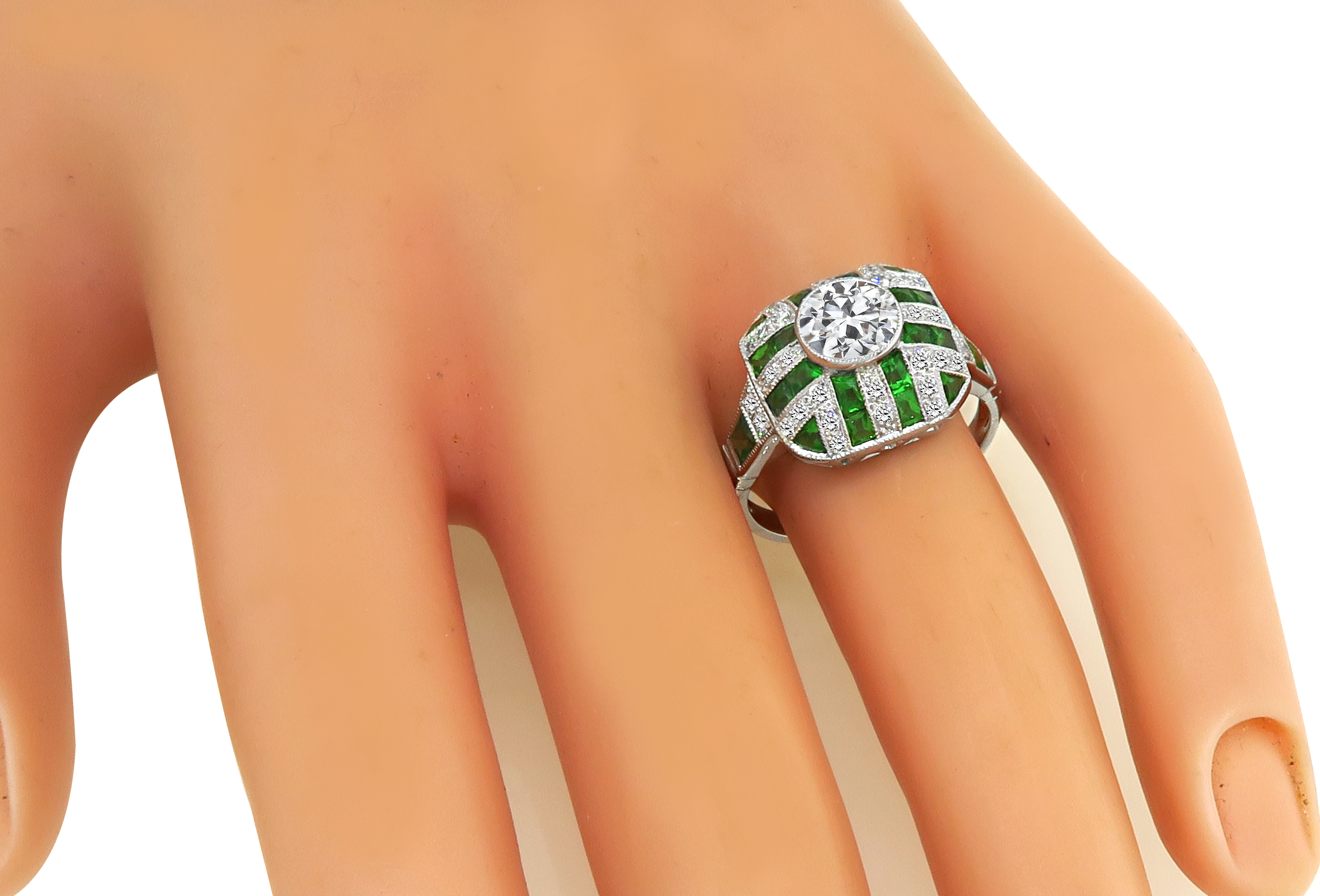 Art Deco Style GIA Certified 0.88ct Diamond Tsavorite Engagement Ring