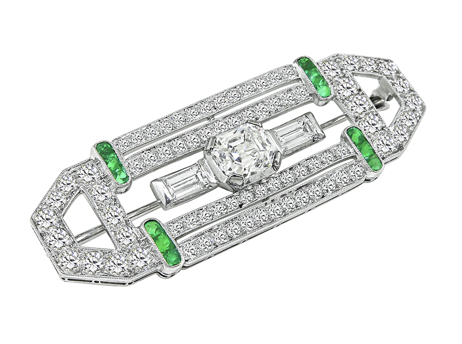 Estate GIA Certified 0.98ct Center Diamond 2.00ct Side Diamond Emerald Pin