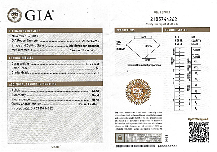 Estate GIA Certified 1.09ct Diamond Engagement Ring