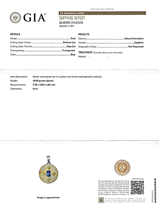 Estate GIA Certified 2.00ct Sapphire Gold Pendant