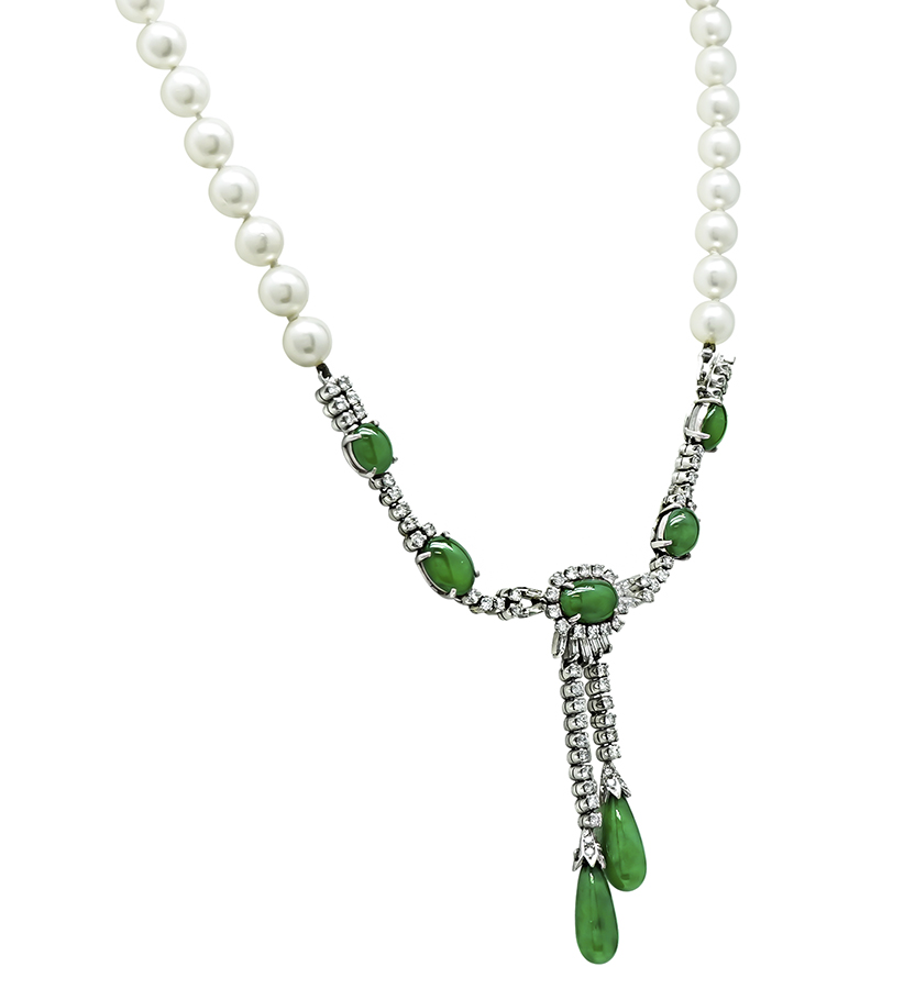 Estate Marsh's GIA Certified A Type Fei Cui Jade 2.00ct Diamond Pearl Necklace