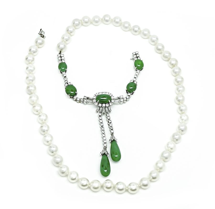 Estate Marsh's GIA Certified A Type Fei Cui Jade 2.00ct Diamond Pearl Necklace