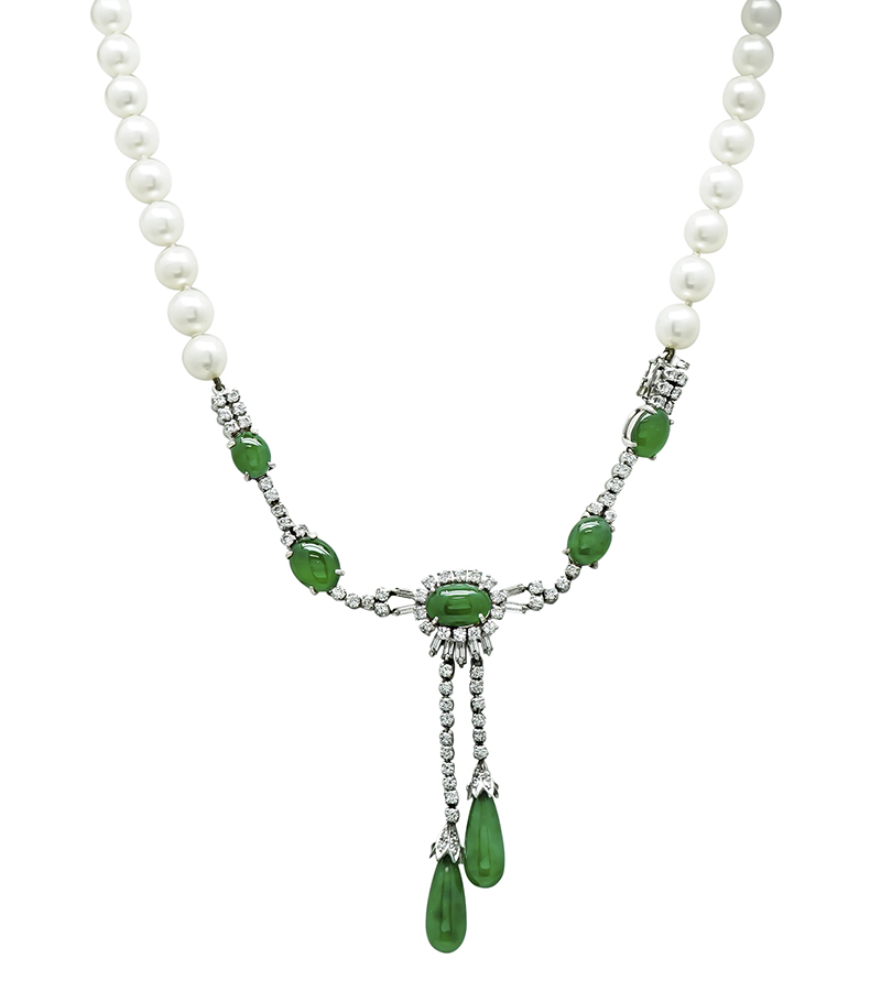 Estate Marsh's GIA Certified A Type Fei Cui Jade 2.00ct Diamond Pearl Necklace