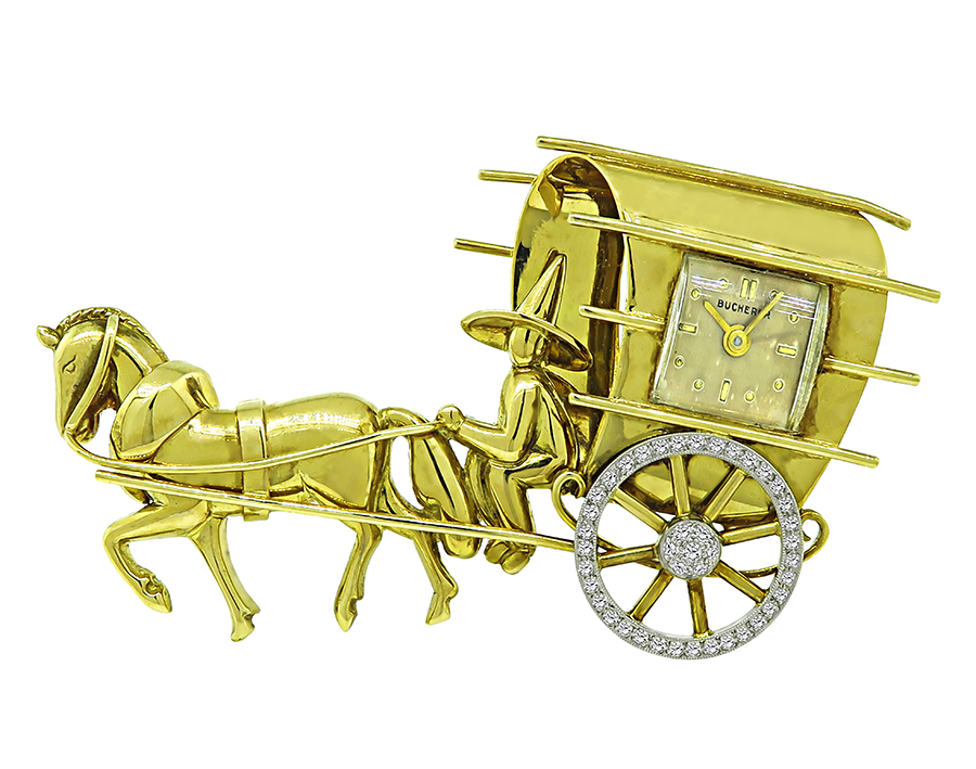 Estate Diamond Gold Carriage Bucherer Watch Pin