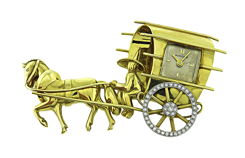 Estate Diamond Gold Carriage Bucherer Watch Pin
