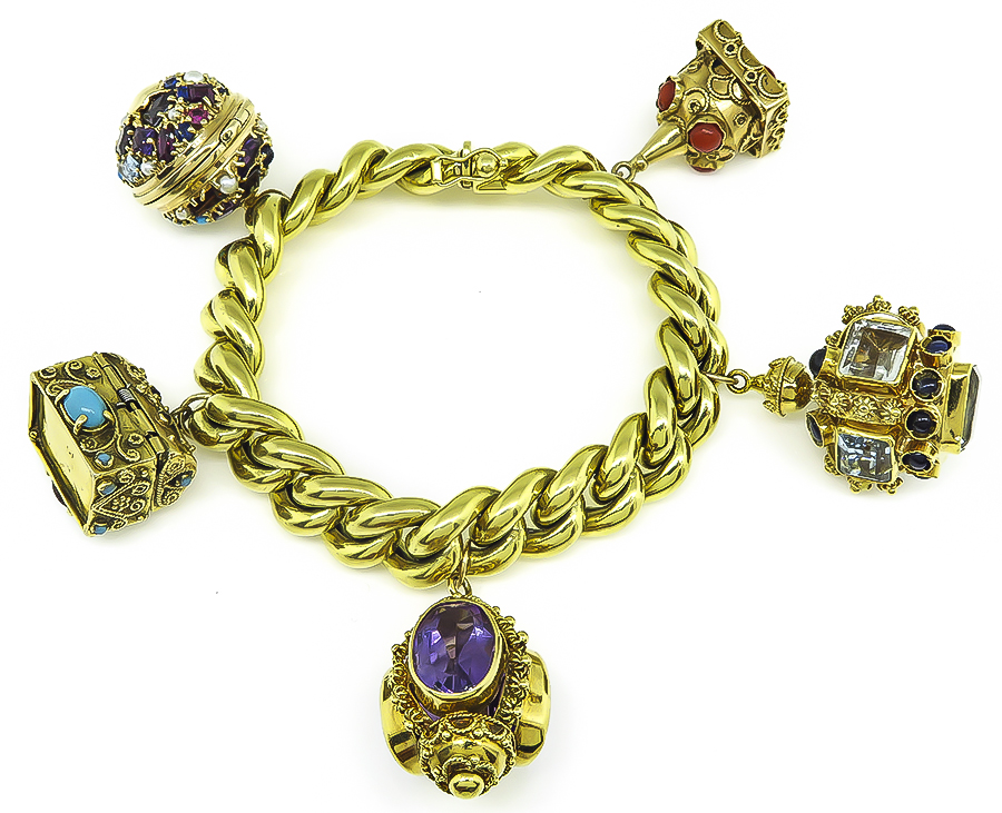 Vintage Multi Gem Gold Novelty Charm Bracelet