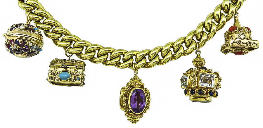 Vintage Multi Gem Gold Novelty Charm Bracelet