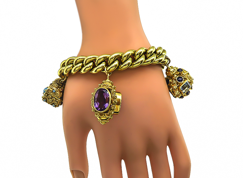Vintage Multi Gem Gold Novelty Charm Bracelet