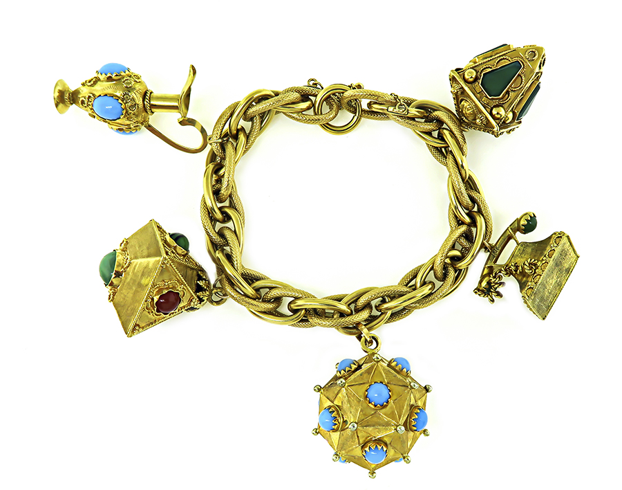 Estate Multi Color Gemstone Gold Charm Bracelet