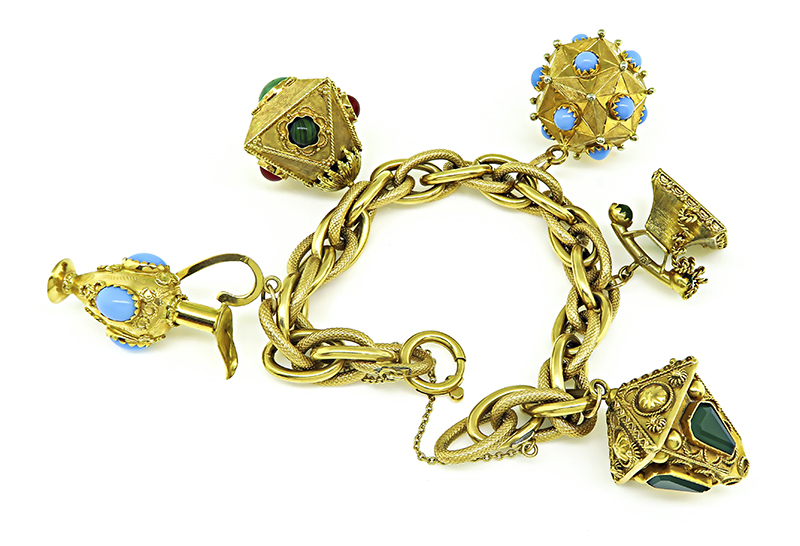 Estate Multi Color Gemstone Gold Charm Bracelet