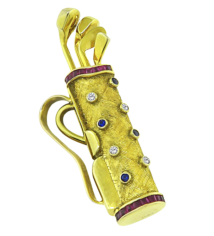 Estate Multi Color Gemstone Gold Golf Bag Pin