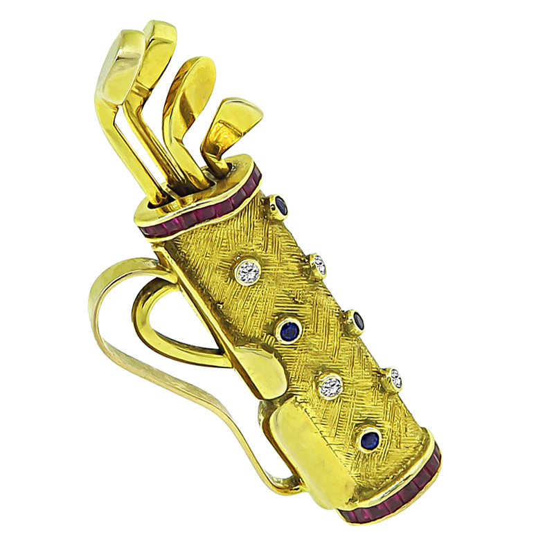 Estate Multi Color Gemstone Gold Golf Bag Pin