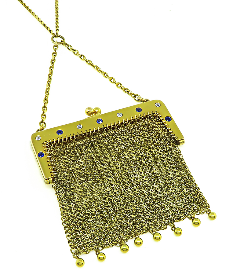 Estate Diamond Sapphire Gold Mesh Purse Necklace