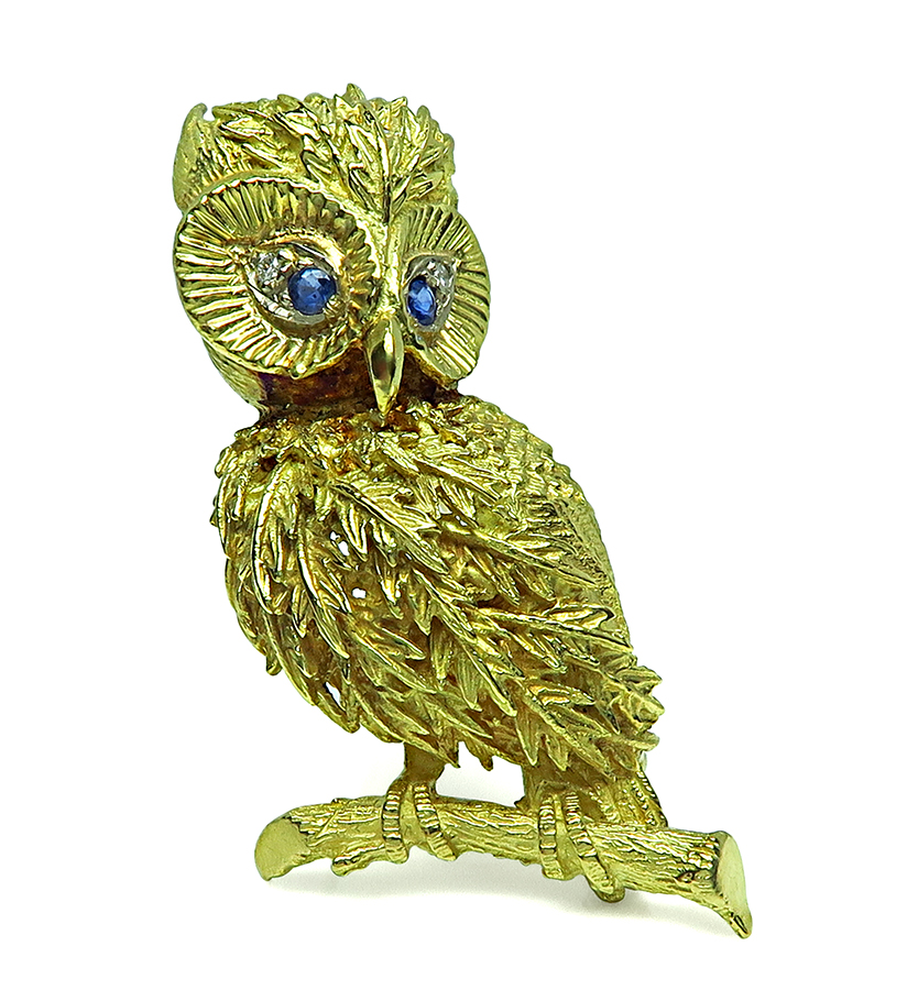 Estate Yellow Gold Owl Pin / Pendant