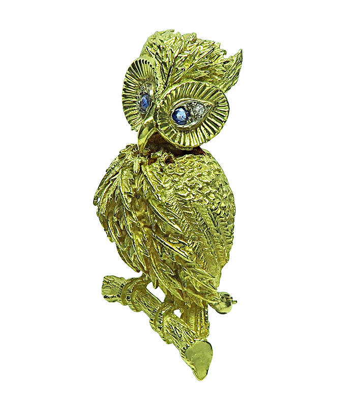 Estate Yellow Gold Owl Pin / Pendant