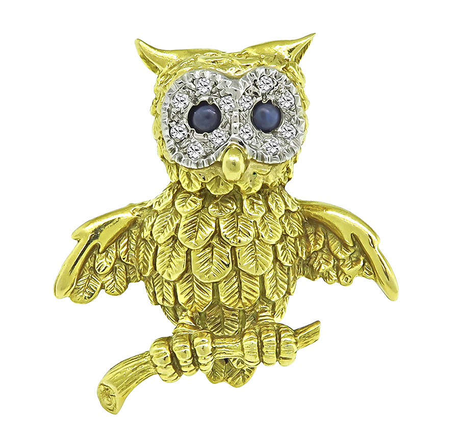 Estate Sapphire Diamond Gold Owl Pin