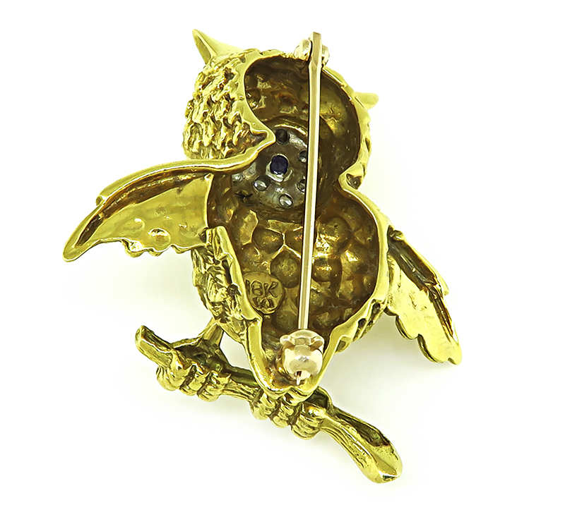 Estate Sapphire Diamond Gold Owl Pin