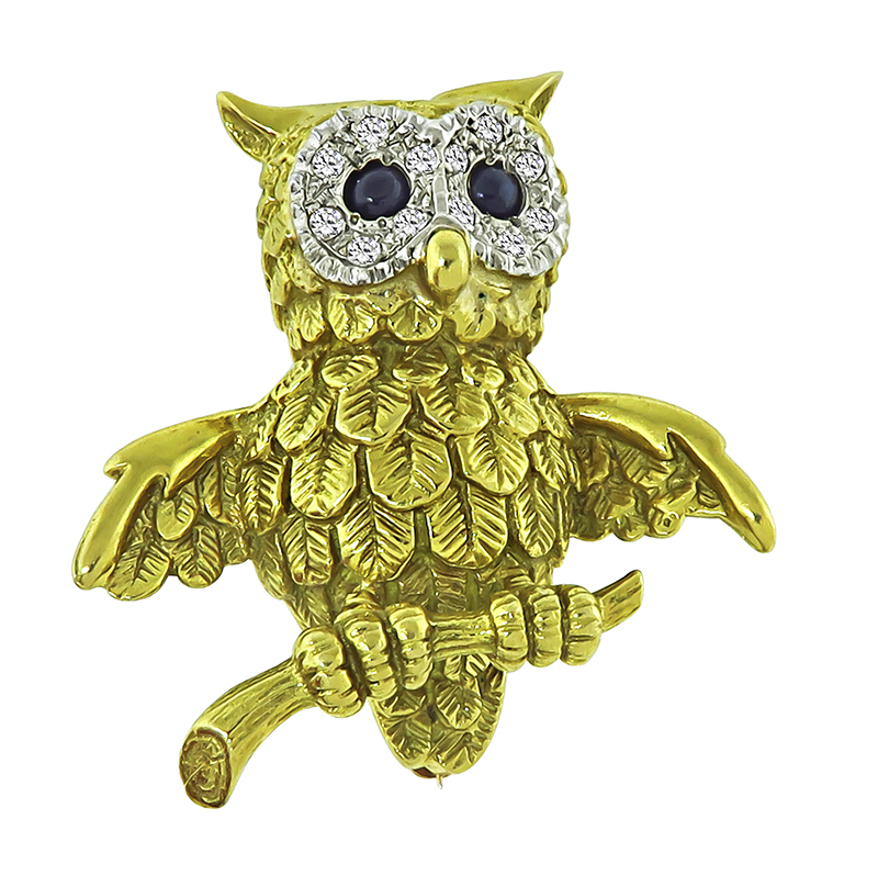 Estate Sapphire Diamond Gold Owl Pin