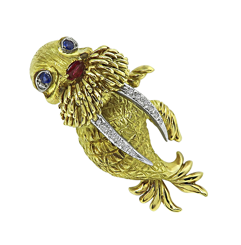 Estate Diamond Sapphire and Ruby Gold Walrus Pin