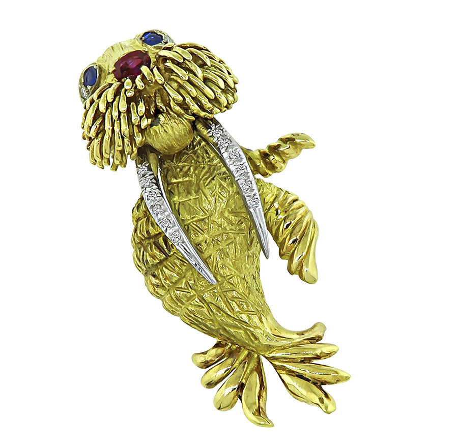 Estate Diamond Sapphire and Ruby Gold Walrus Pin