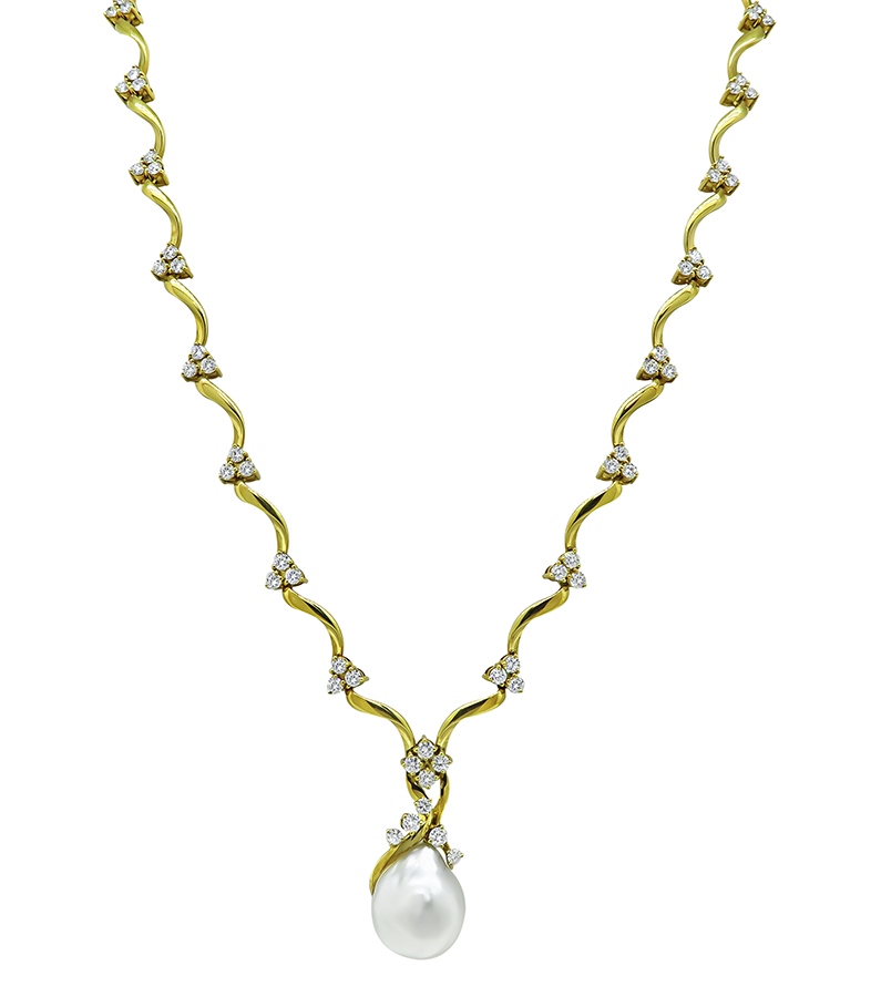 Estate Gubelin Baroque Pearl 6.00ct Diamond Gold Necklace