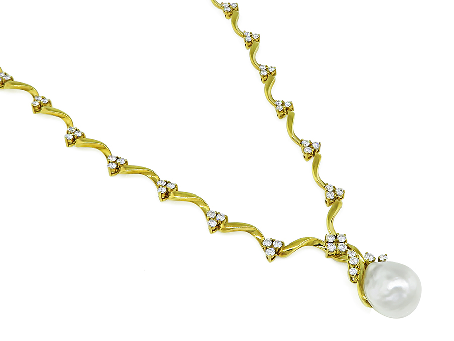 Estate Gubelin Baroque Pearl 6.00ct Diamond Gold Necklace