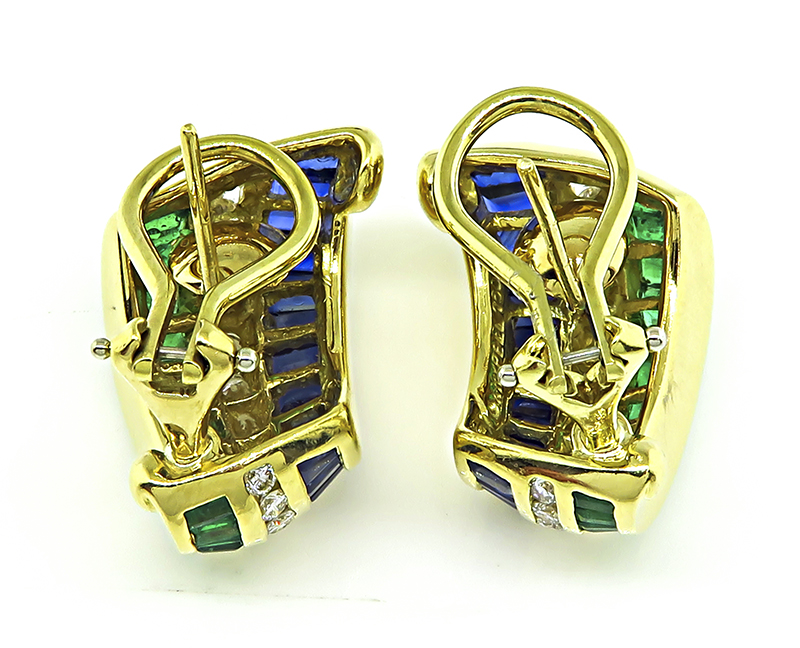 Round Cut Diamond Baguette Cut Sapphire and Emerald 18k Yellow Gold Earrings by Krypell