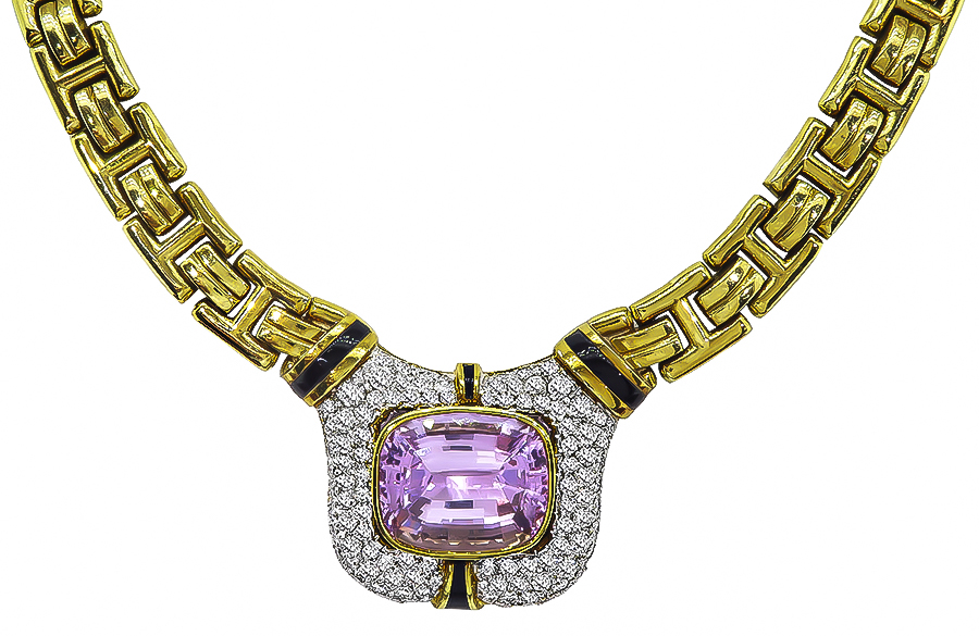 Estate 30.00ct Kunzite 7.00ct Diamond Onyx Gold Necklace