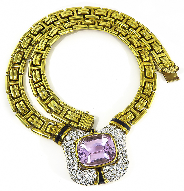 Estate 30.00ct Kunzite 7.00ct Diamond Onyx Gold Necklace