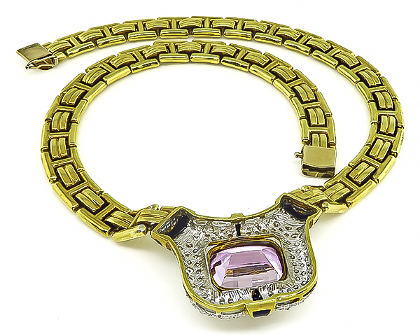 Estate 30.00ct Kunzite 7.00ct Diamond Onyx Gold Necklace