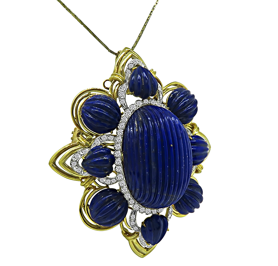 Vintage 2.50ct Diamond Lapis Gold Pin / Pendant