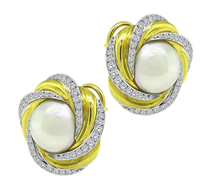 Estate Mikimoto Pearl 1.80ct Diamond Two Tone Gold Earrings