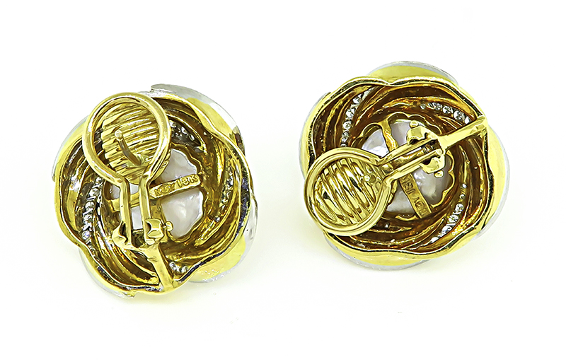 Estate Mikimoto Pearl 1.80ct Diamond Two Tone Gold Earrings