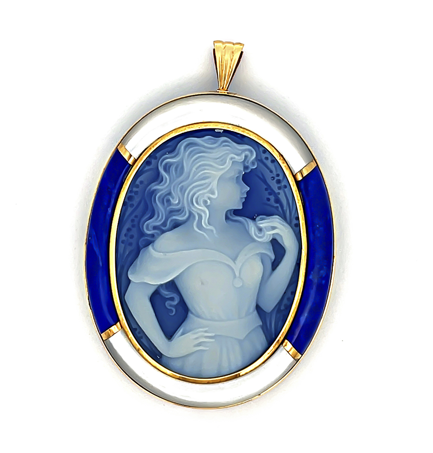 Estate Mother of Pearl Lapis The Girl Cameo Pin / Pendant