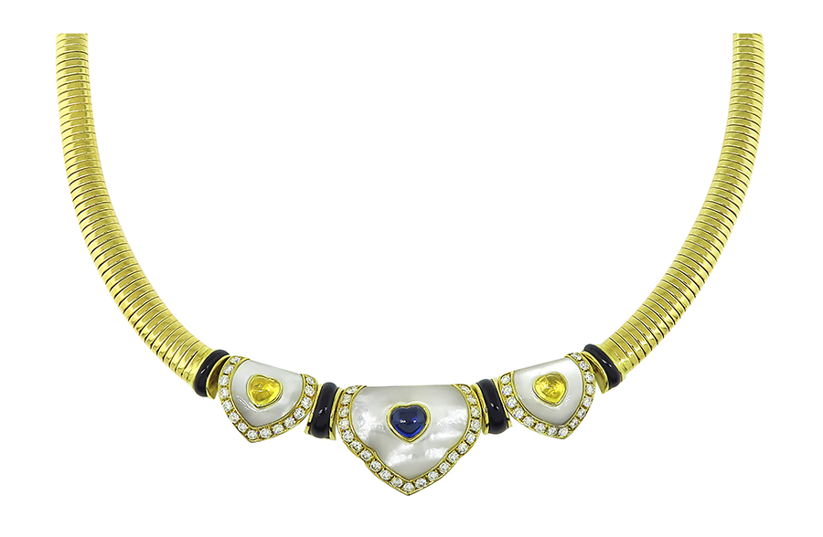 Estate 2.00ct Diamond Mother of Pearl Sapphire Citrine and Onyx Gold Heart Necklace