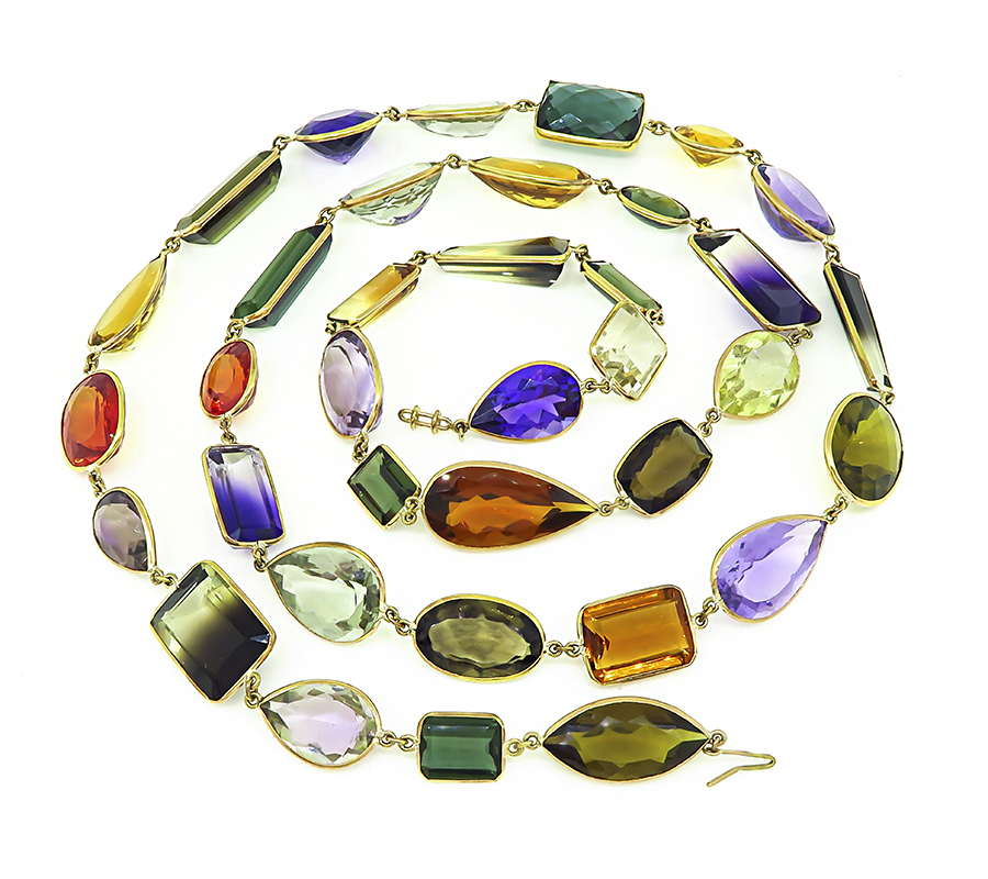 Estate 400.00ct Multi Color Semi Precious Gemstone Gold By The Yard Necklace