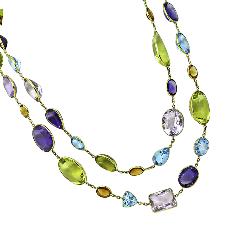 Cushion Pear Oval and Emerald Cut Multi Color Gemstone 18k Yellow Gold Necklace