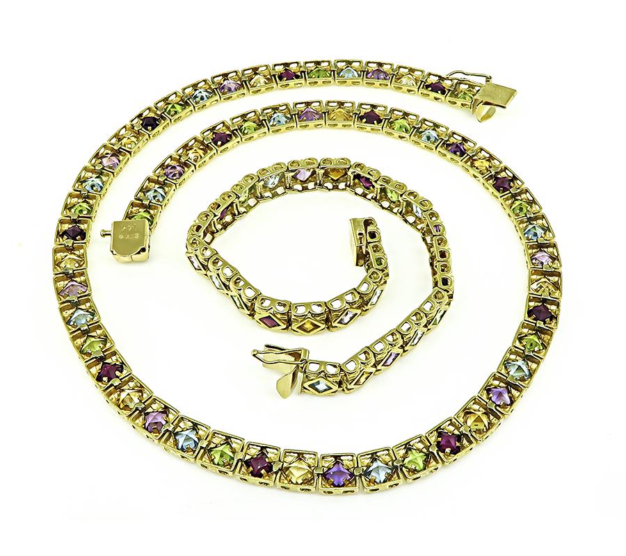 Estate 22.00ct Multi Color Gemstone Gold Bracelet and Necklace Set