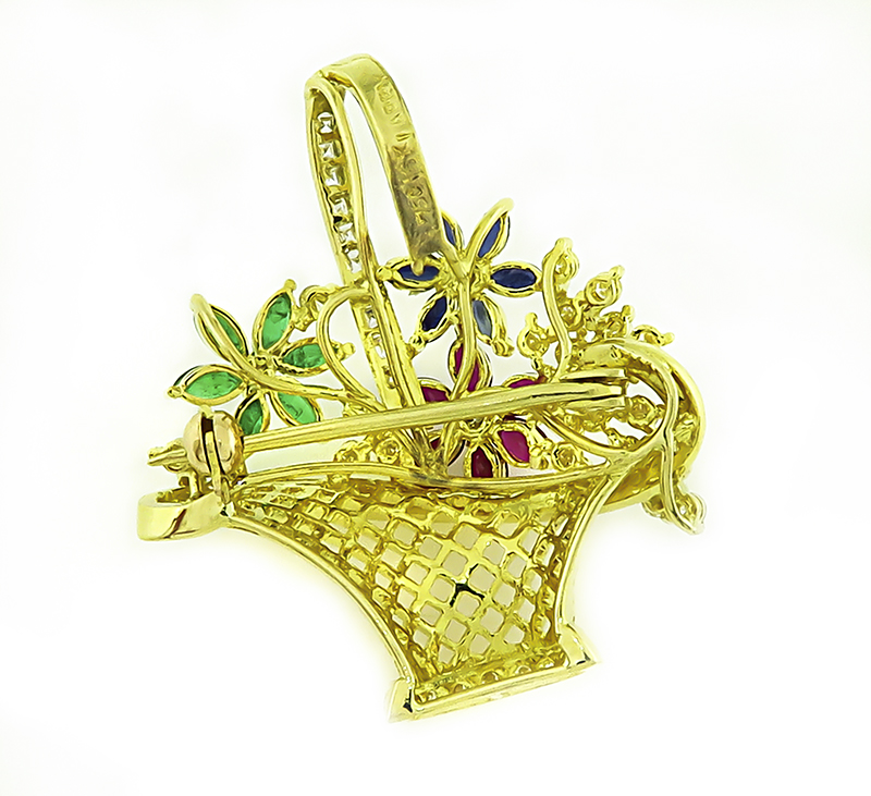 Estate 1.00ct Diamond Multi Color Precious Stone Gold Basket Pin