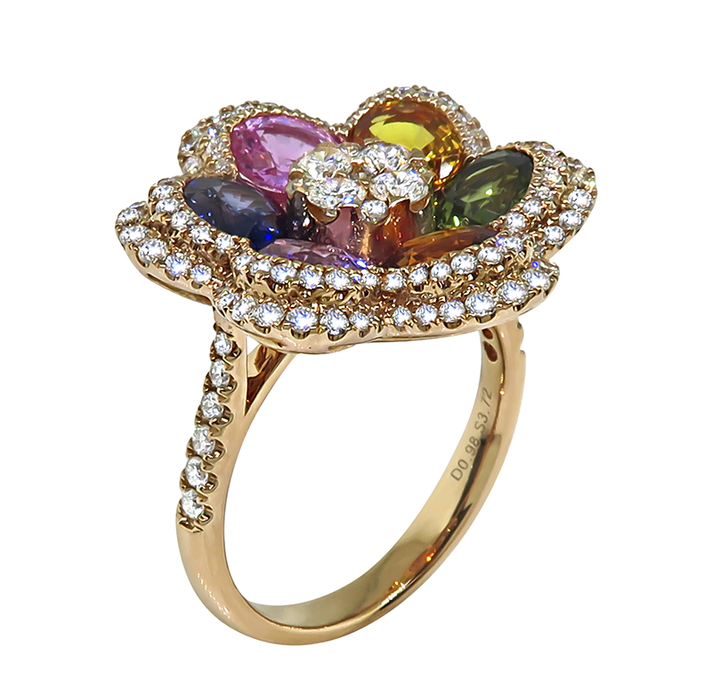 Estate 3.72ct Multi Colored Sapphire 0.98ct Diamond Rose Gold Ring