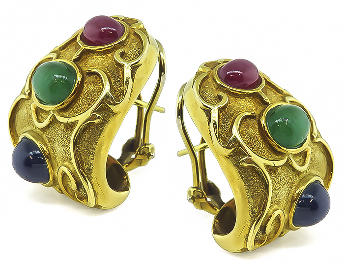 Estate Multi Color Precious Stone Gold Earrings