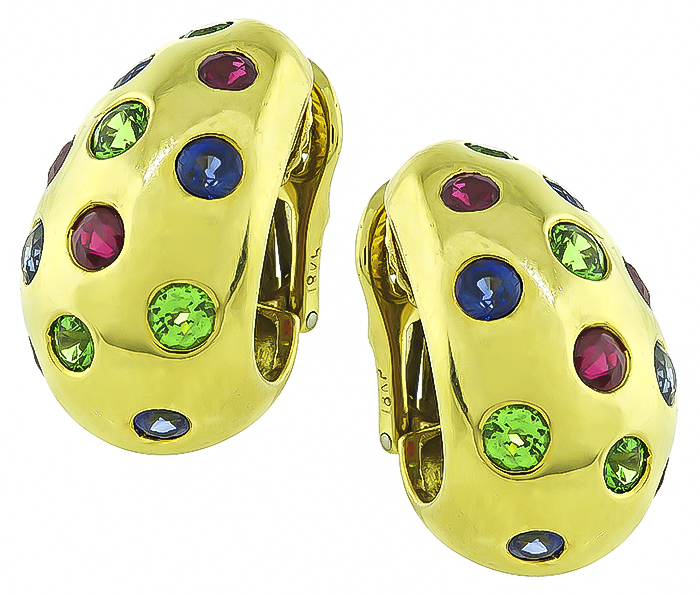 Estate Jean Viteau Tutti Fruitti 1.60ct Sapphire 1.60ct Ruby 1.60ct Peridot Earrings