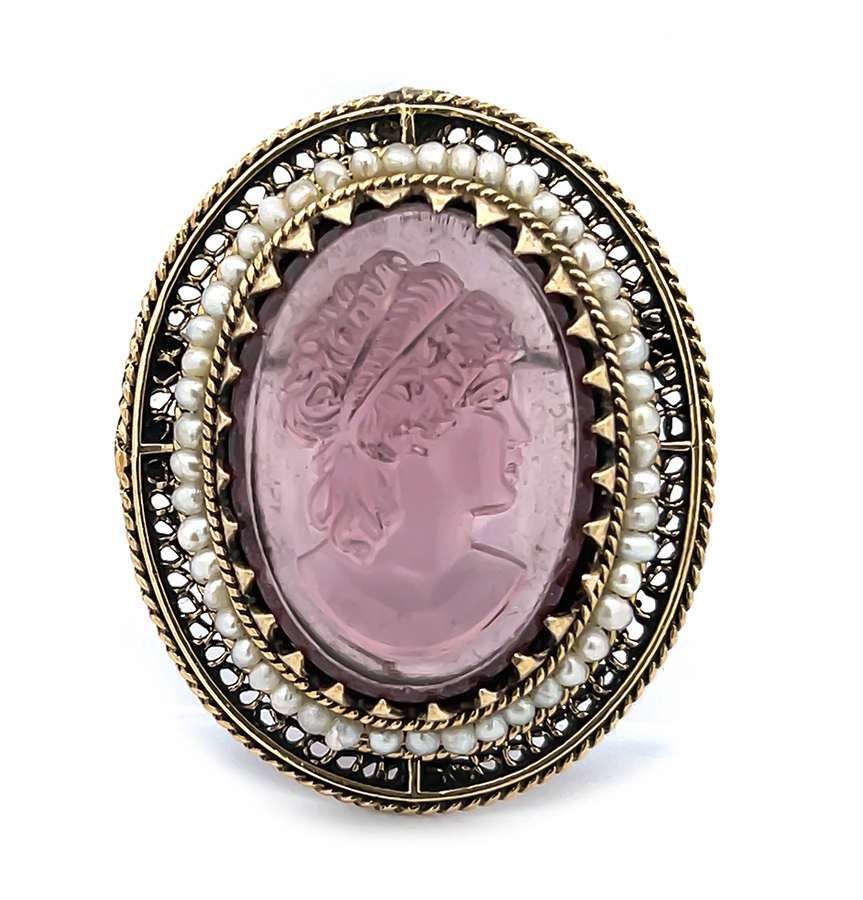 Estate Carved Murano Glass Pearl Gold Pin / Pendant