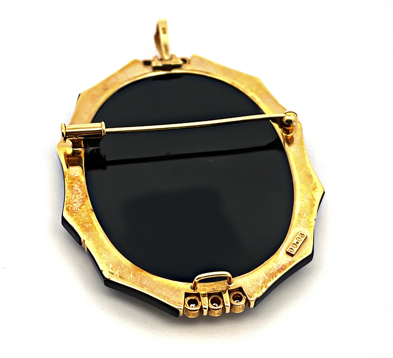 Estate Carved Stone Onyx Diamond Gold Pin / Pendant