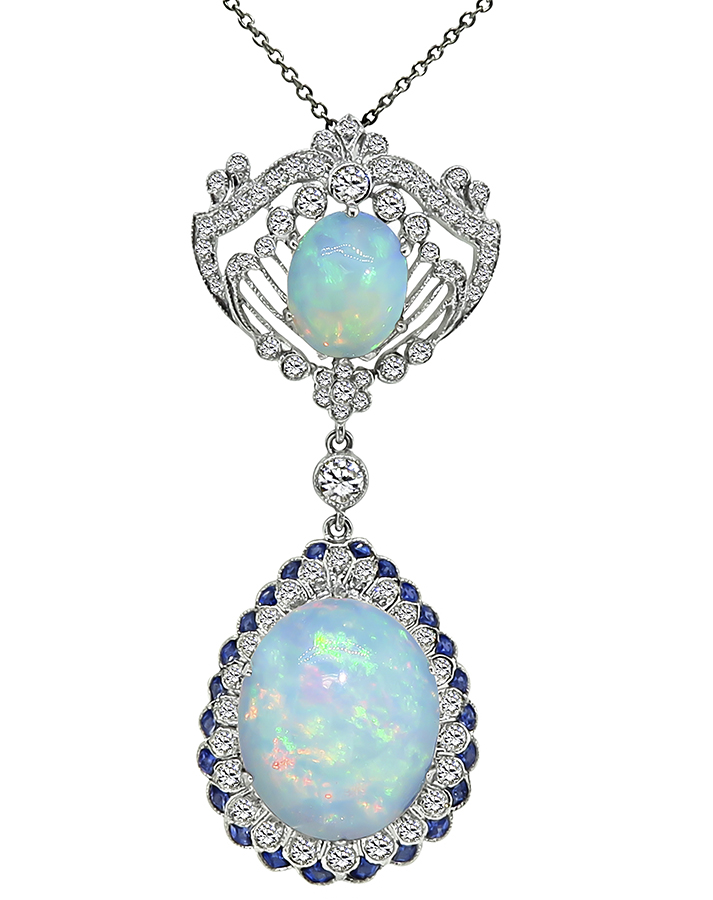 Estate Opal 1.64ct Diamond Sapphire Gold Pendant