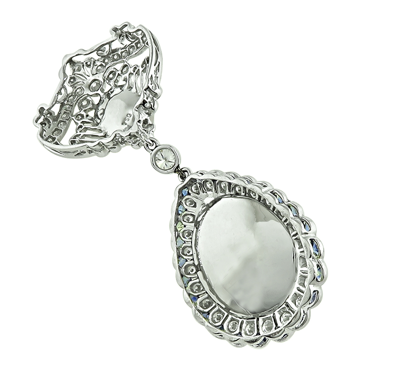 18k White Gold Opal Sapphire Diamond Pendant