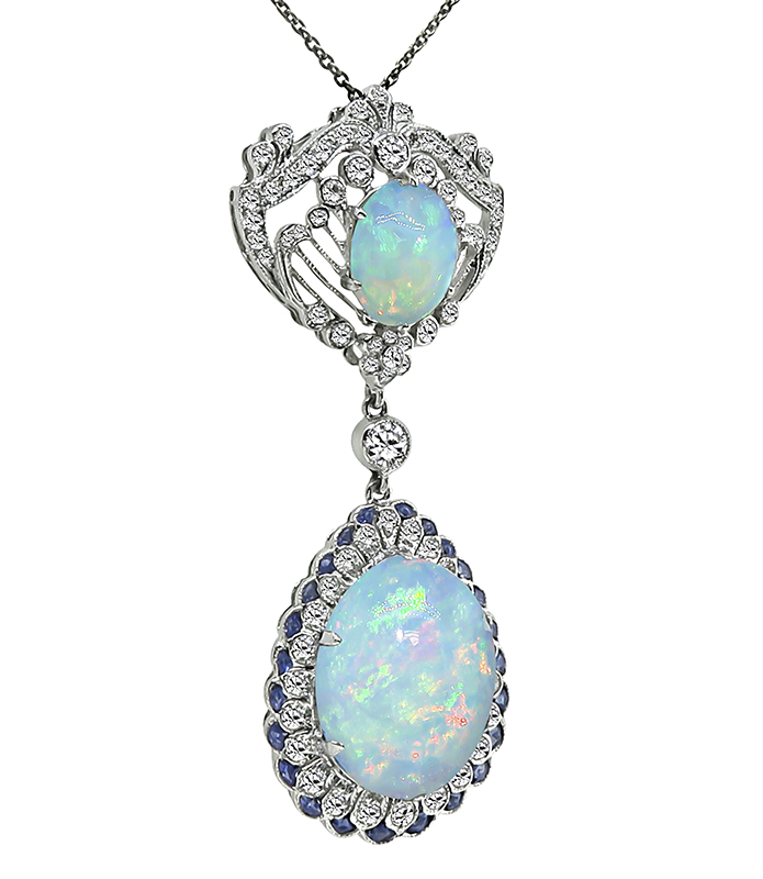 Estate Opal 1.64ct Diamond Sapphire Gold Pendant