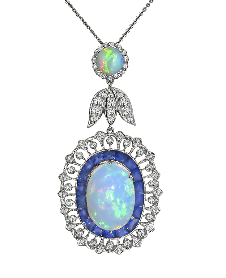 Cabochon Opal French Cut Sapphire Round Cut Diamond 18k White Gold Pendant Necklace