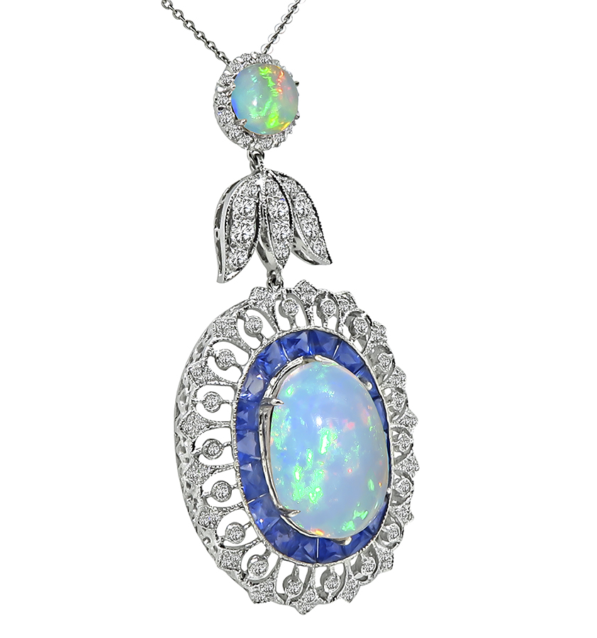 Estate 15.04ct Opal 4.15ct Sapphire 1.83ct Diamond Pendant Necklace